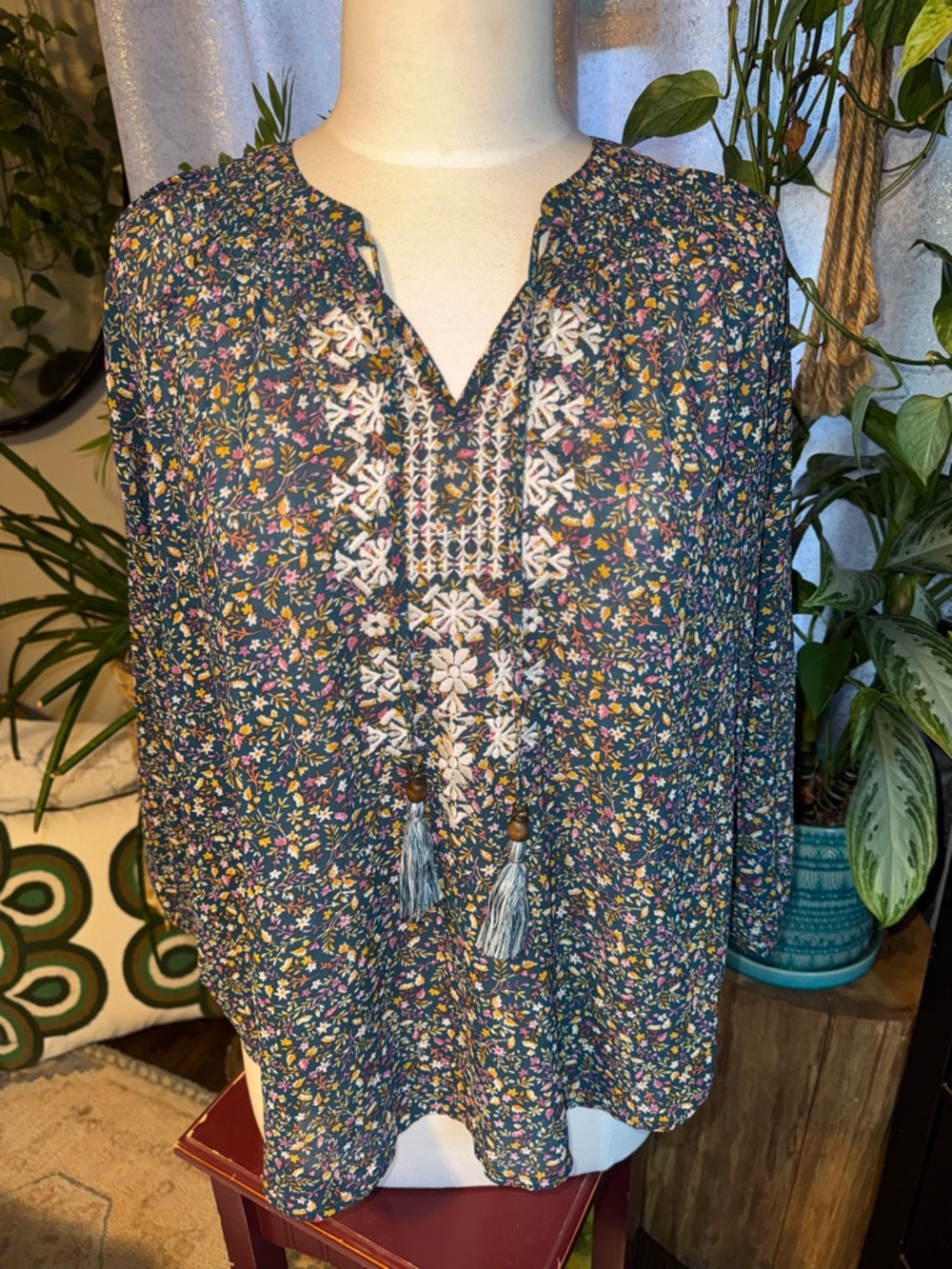 Women's Blue Floral Embroidered Peasant Blouse